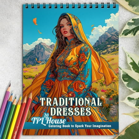 TPLHOUSE Traditional Dresses Coloring Book for Adults Spiral Bound Soft Cover