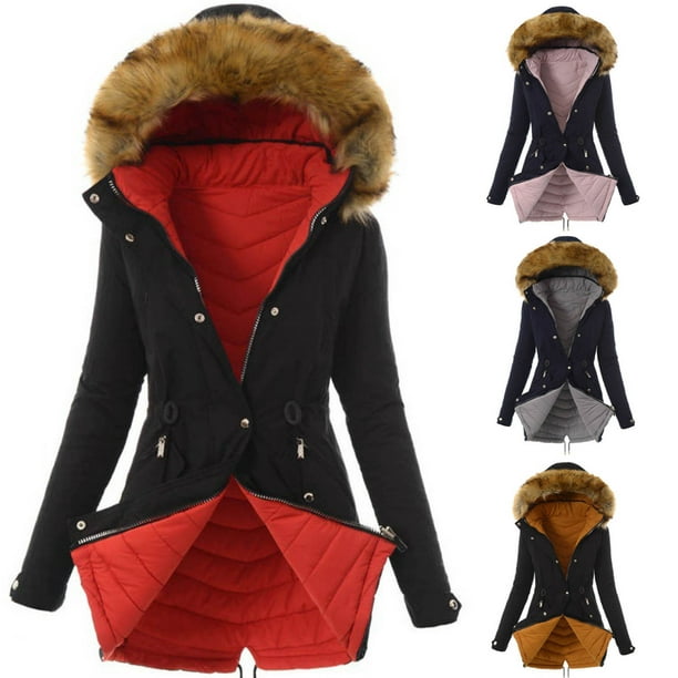 hoksml Womens Ladies Warm Jacket Winter Solid Turn Coat Hooded Collar  Lambswoo Outerwear Winter Coats Clearance 