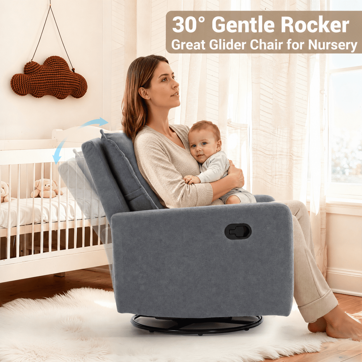 Paproos Swivel Rocker Recliner, Velvet 360°Swivel Rocking Recliner, Glider Rocking Chair for Nursery, Small Rocker Chair for Small Space, Manual Recliner for Adults for Home Theater, Gray