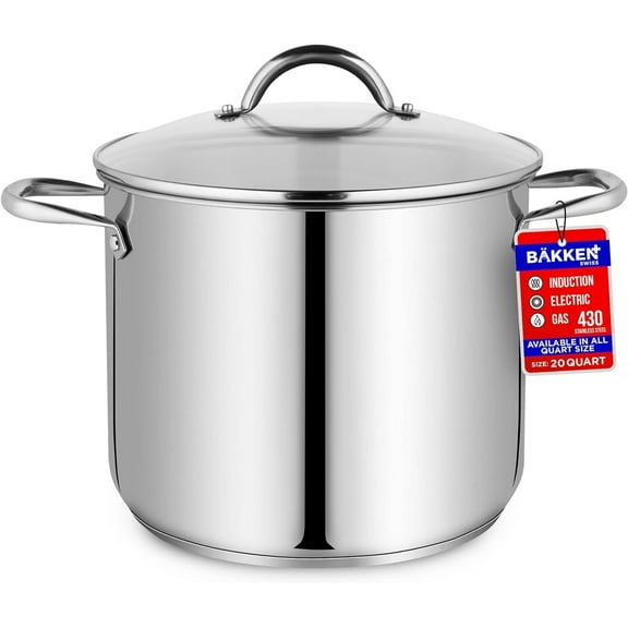 Stainless Steel Stockpot with Tempered Glass Lid, 20 Quart, Durable 18/0 Stainless Steel