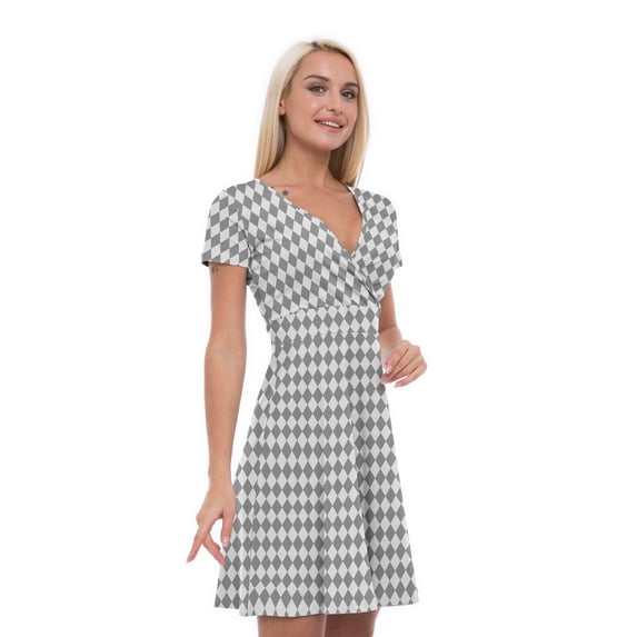 Women’s A Line Checkered Summer Dress, Retro Triangle Arrangement, Cross Wrap V Neck, 6 Sizes, by Ambesonne
