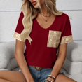 thumbnail image 2 of Laqbezok Women V-Neck Sequin Pocket Short Sleeve T-Shirt, Patchwork Casual Loose Top, Sparkly Fashion Outfit, 2 of 5