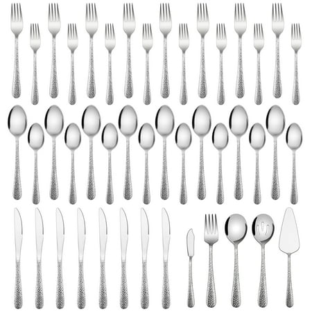 

Vesteel 45-Piece Silverware Set with Serving Utensils Stainless Steel Hammered Flatware Cutlery Set for 8 Include Forks Knives Spoons Heavy Duty & Mirror Polished