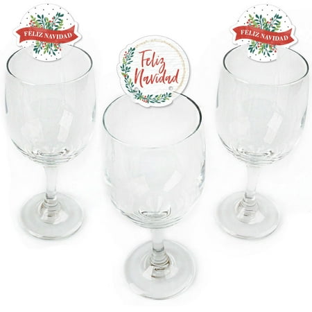 Feliz Navidad - Shaped Holiday and Spanish Christmas Party Wine Glass Markers - Set of
