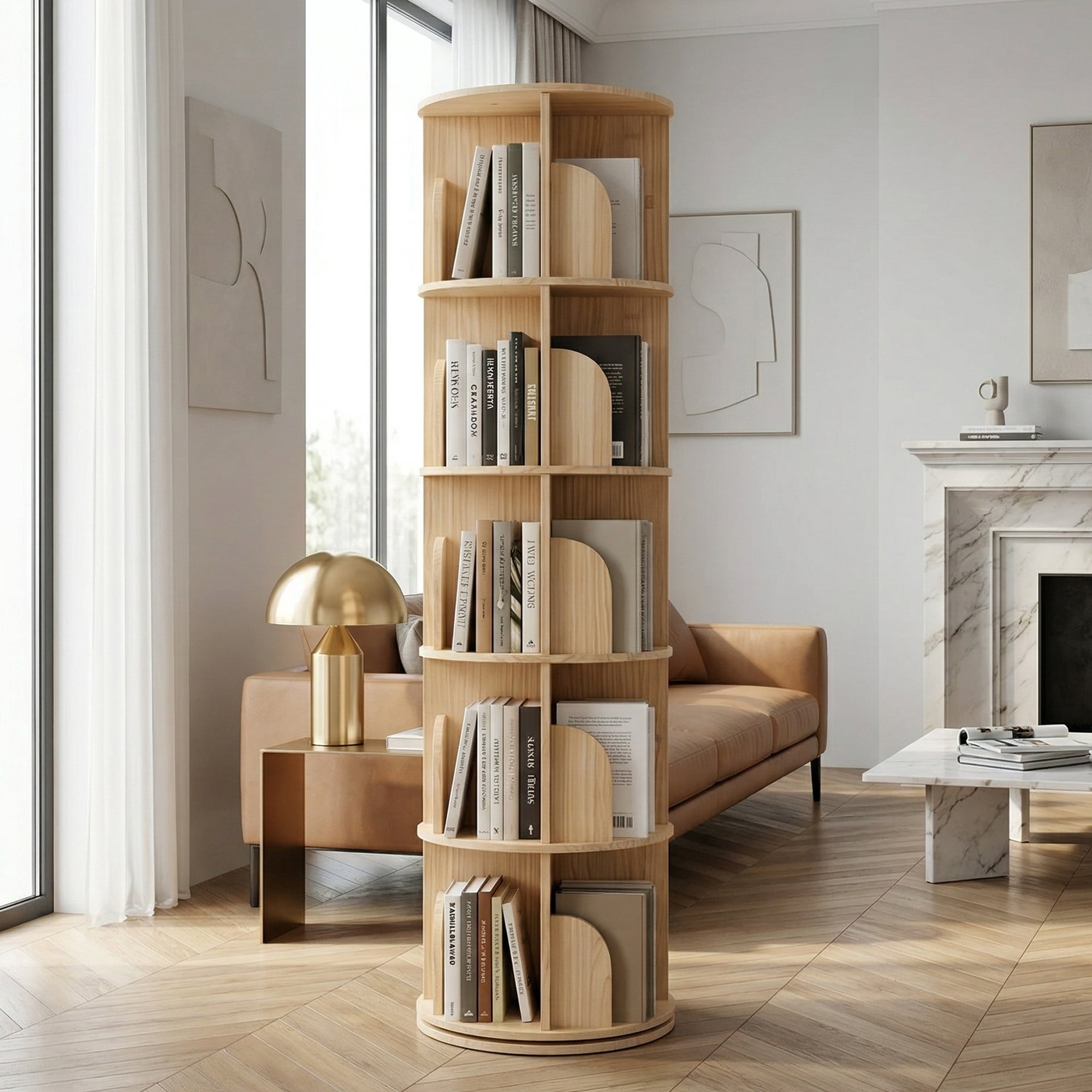 5 Tier Rotating Bookshelf, Tall Round Floor Standing Bookcase with 360° Spinning Design, Wooden Storage Display Shelf for Bedroom, Living Room, Home Office, Natural