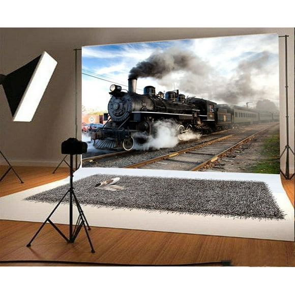 EREHome Polyester Fabric 7x5ft Vintage Old Locomotive Backdrop Ancient Train Railroad Tracks Smoky Blue Sky White Cloud Nature Travel Photography Background Kids Children Adults Photo Studio