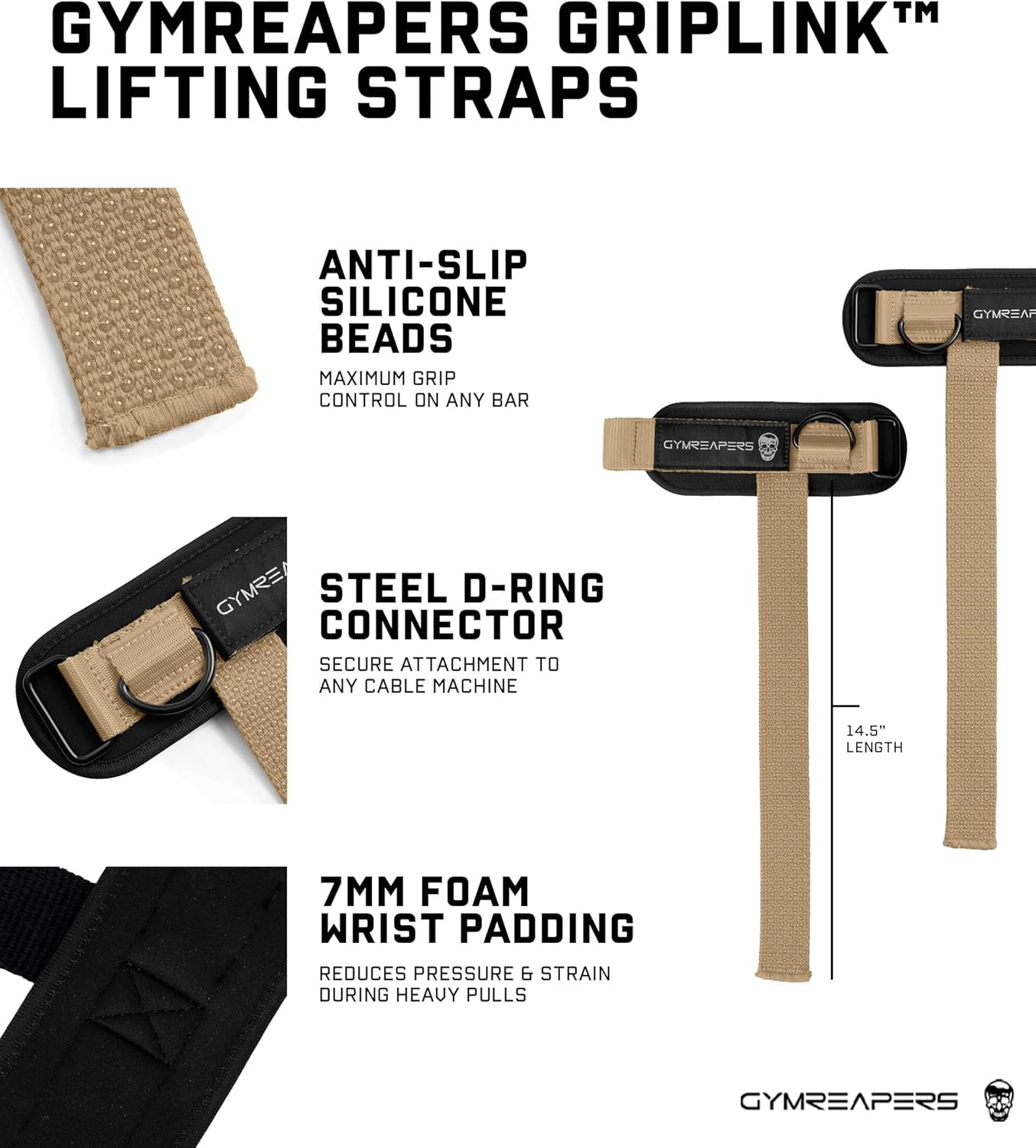 Gymreapers GripLink Lifting Straps – Heavy Duty D-rings Wrists Straps with Anti-Slip Silicone Grip Beads, Cushioned, Adjustable Support for Deadlifts, Powerlifting, Cable Machines and Gym Trainings
