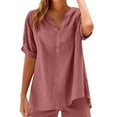 thumbnail image 2 of Women Breathable Cotton Linen T-Shirt Button V Neck Blouse Solid Color Short Sleeve Tops Lightweight Loose Fit Blouses Leisure Comfort Summer Cooling Shirt Everday Wear, 2 of 5
