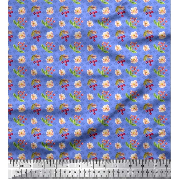 Soimoi Blue Cotton Duck Fabric Floral & Cherry Fruits Print Fabric by The Yard 42 Inch Wide