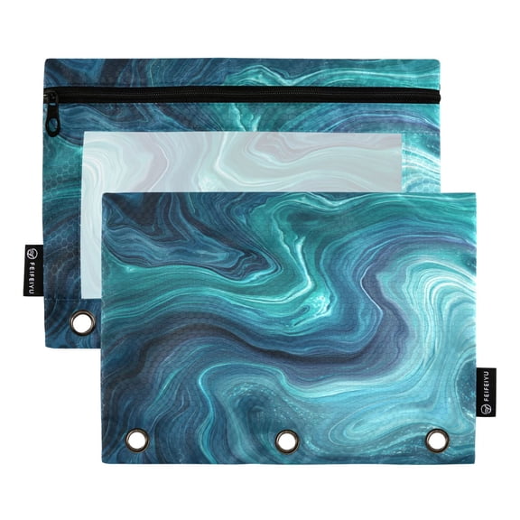 2 Pack 3 Ring Binder Pouch with Clear PVC Window Water Resistant Zipper Pencil Pouch Dark Blue Ocean Waves Binder Pocket for Classroom Office Home Stationery Organization