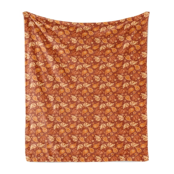 Orange Soft Flannel Fleece Throw Blanket, Retro Style Pattern with Paisley and Flowers Ornate Leave, Cozy Plush for Indoor and Outdoor Use, 60" x 80", Redwood Orange Cream, by Ambesonne