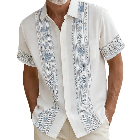 FINALGANG Mens Floral Striped Print Short Sleeve Button Down Collared Shirt Casual Loose Fit Shirt For Beach Vacation Daily Streetwear Light Blue L