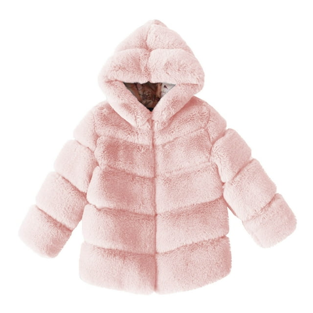 Girls Solid Color Faux Fur Hooded Jacket Winter Warm Insulated Coat with Thick Fleece Lining polyester material