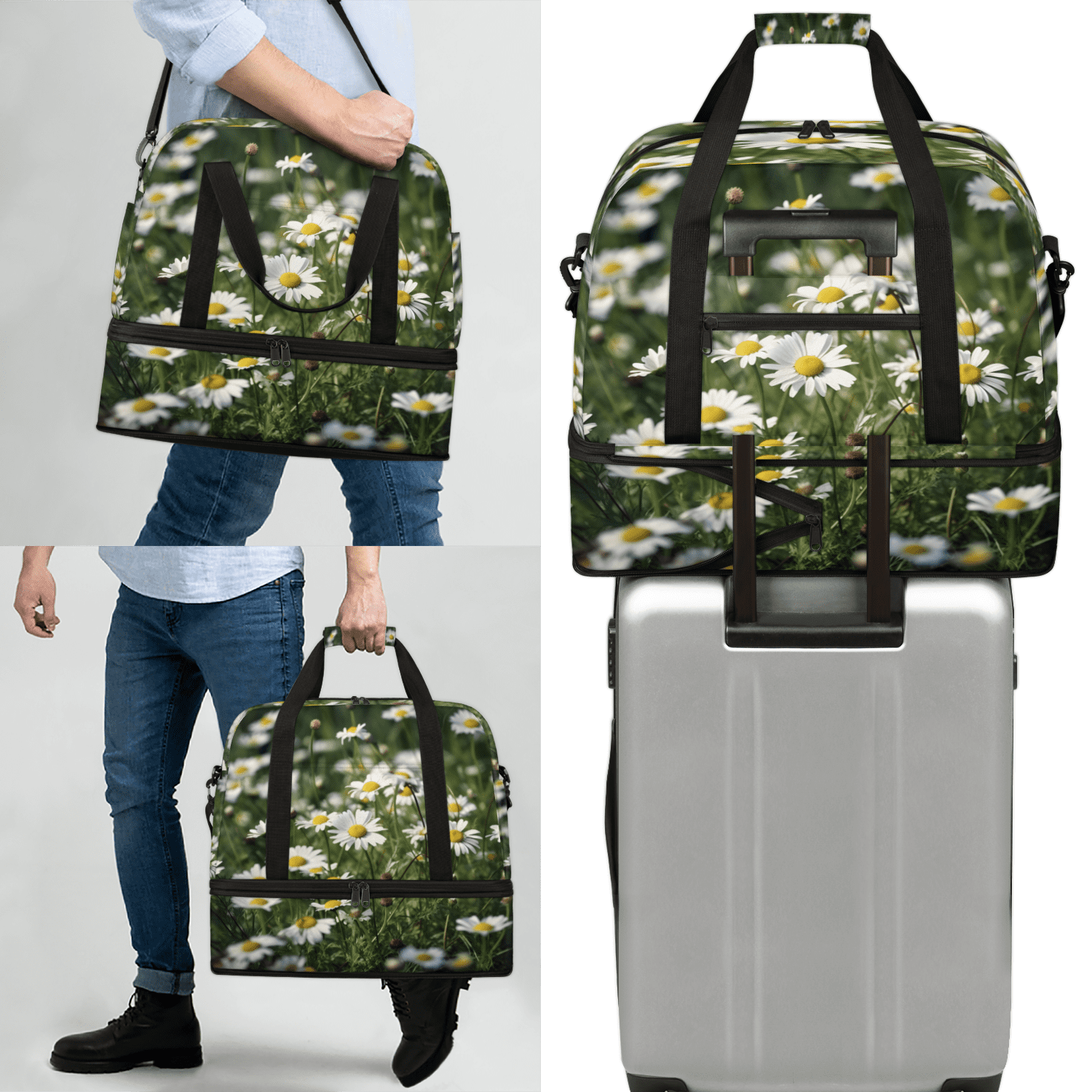 Herdesigns Daisy Foldable Travel Duffle Bag for Women and Men Lightweight Carry On Overnight Bag Floral Gym Luggage Weekender Bags with Shoe Compartment