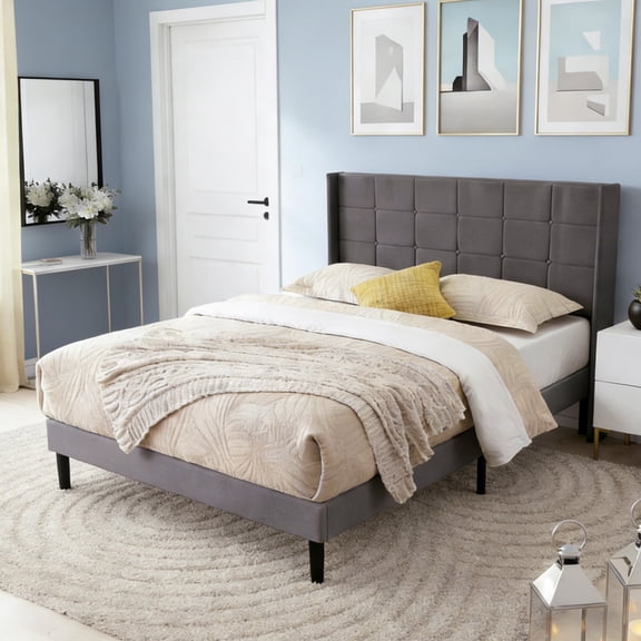 AENKYO Full Size Upholstered Bed Frame with Tufted Headboard & Slat Support, No Box Spring Needed, Dark Gray