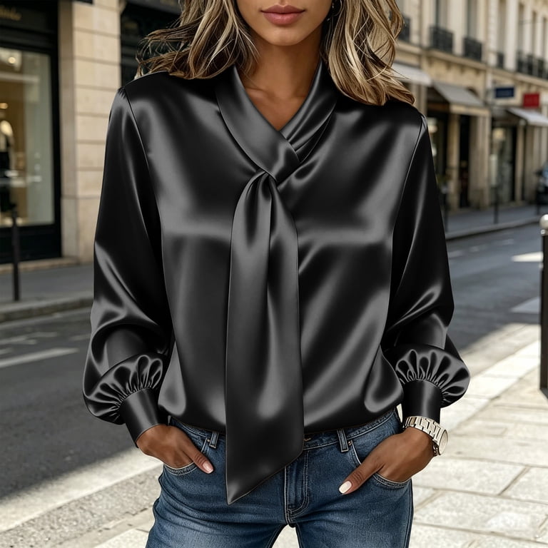 TKLPEHG Women Bow Tie Neck Satin Blouse, Long Sleeve Lantern Cuff