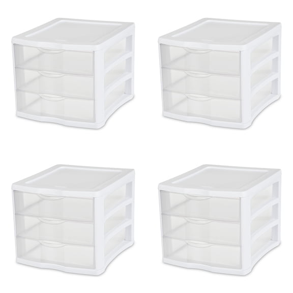 Sterilite 3 Drawer Unit, Clear Plastic Countertop or Desktop Drawers, White, Pack of 4