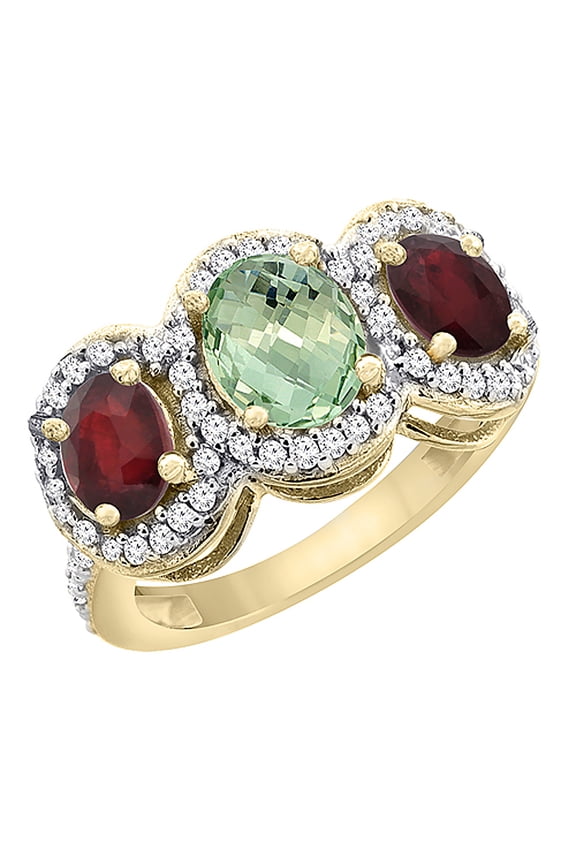 14K Yellow Gold Natural Green Amethyst & Enhanced Ruby 3-Stone Ring Oval Diamond Accent, size 6