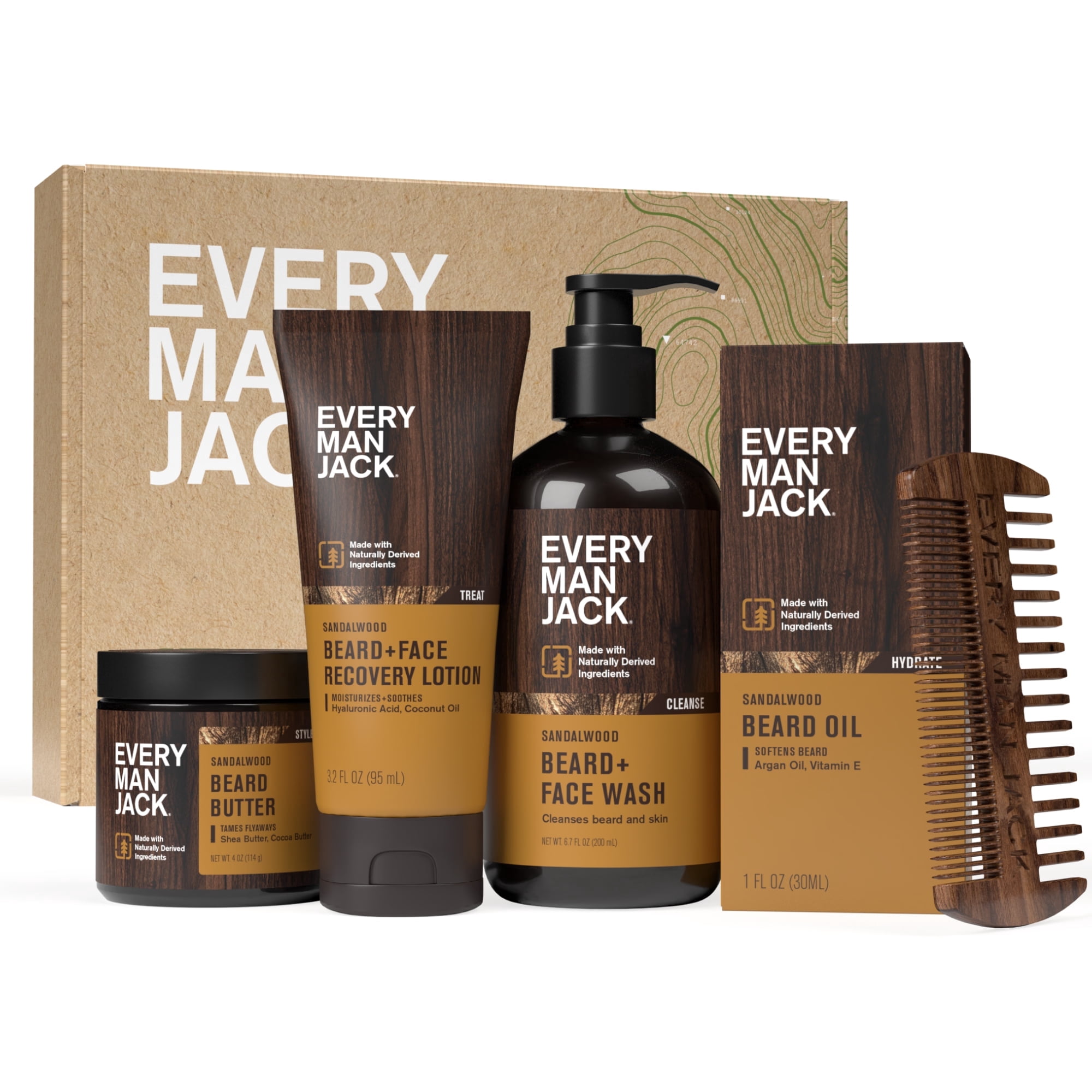 Every Man Jack Sandalwood Beard Bundle, Oil, Wash, Butter, Lotion, and Comb