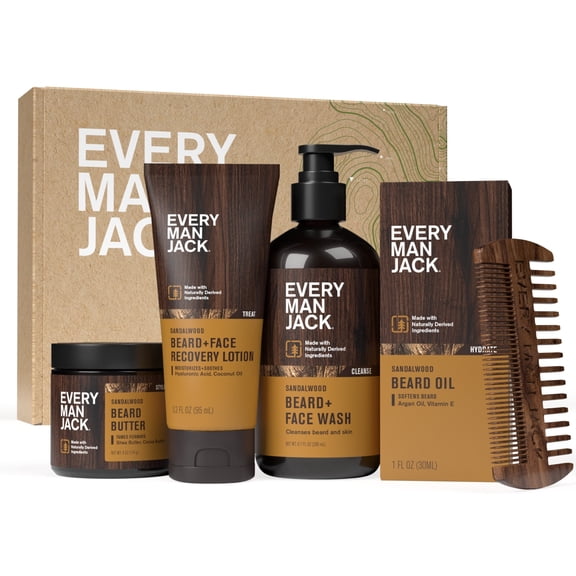 Every Man Jack Sandalwood Beard Bundle, Oil, Wash, Butter, Lotion, and Comb