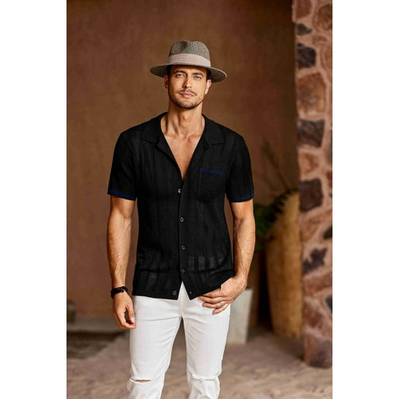 COOFANDY Men's Knit Button Down Shirt 2025 Vintage Short Sleeve Polo Shirt Casual Beach Tops Black L