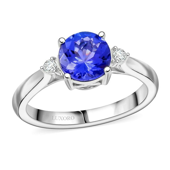 LUXORO AAA Blue Tanzanite White Diamond Round 10K White Gold Ring for Women Jewelry Birthday Christmas Gifts Size 8 Ct 1.32