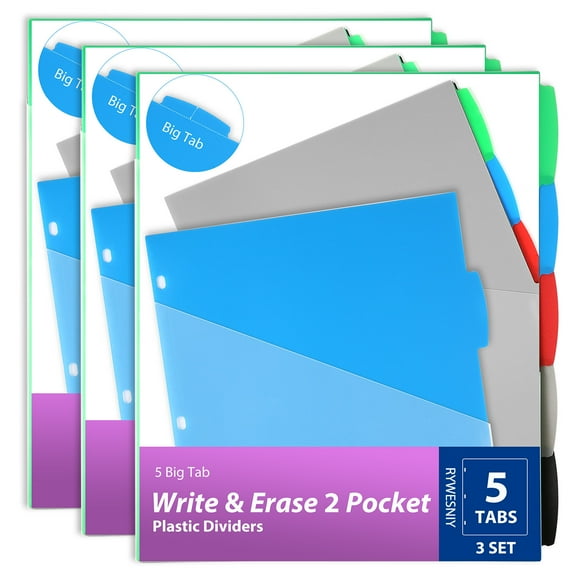 RYWESNIY 5 Tab Plastic Dividers with Pockets, 2 Pocket Dividers for 3 Ring Binders, Multicolor, 3 Sets (15 Dividers Total)