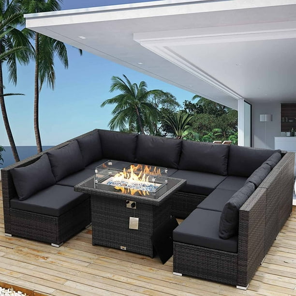 NICESOUL 9 Pcs Outdoor Furniture with Fire Pit Table, Wicker Patio