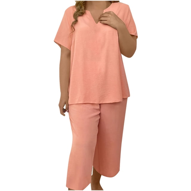Plus Size Tops Womens Plus Size Tops Ladies' Plus Size Elegant And Fashionable Solid Color Short Sleeved Top And Wide Leg Pants Wide Leg Pants Plus Size Pants