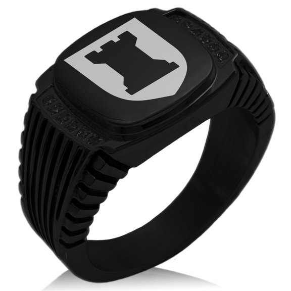 Stainless Steel Rook Strategy Coat of Arms Shield CZ Ribbed Needle Stripe Pattern Biker Style Polished Ring