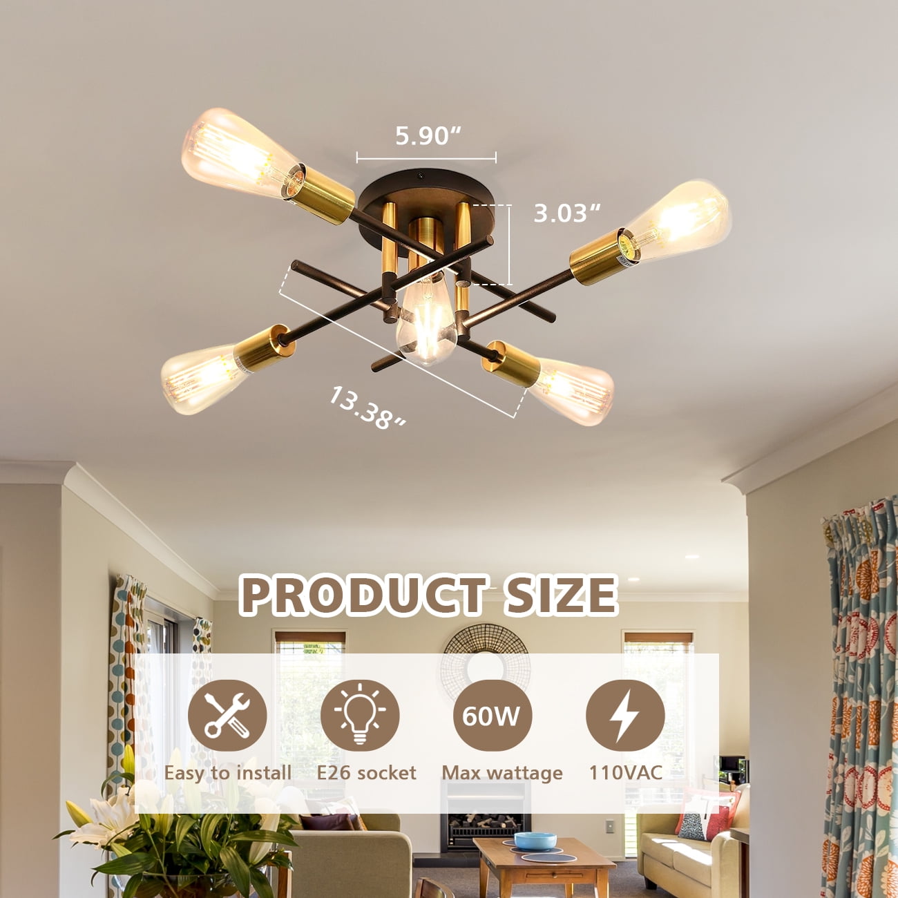 JOPESO 5-Lights Chandelier Flush Mount Ceiling Light Fixture Modern Mid Century Sputnik Farmhouse Chandelier Lighting for Dining Living Room kitchen Bedroom