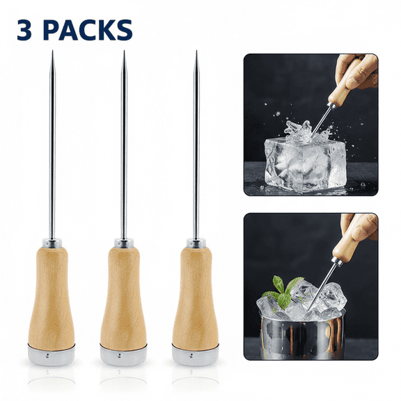 SharkTRUE 3-Pack Stainless Steel Ice Pick with Wooden Handle - Heavy Duty Ice Crusher & Breaker Tool for Kitchen, Bar & Home