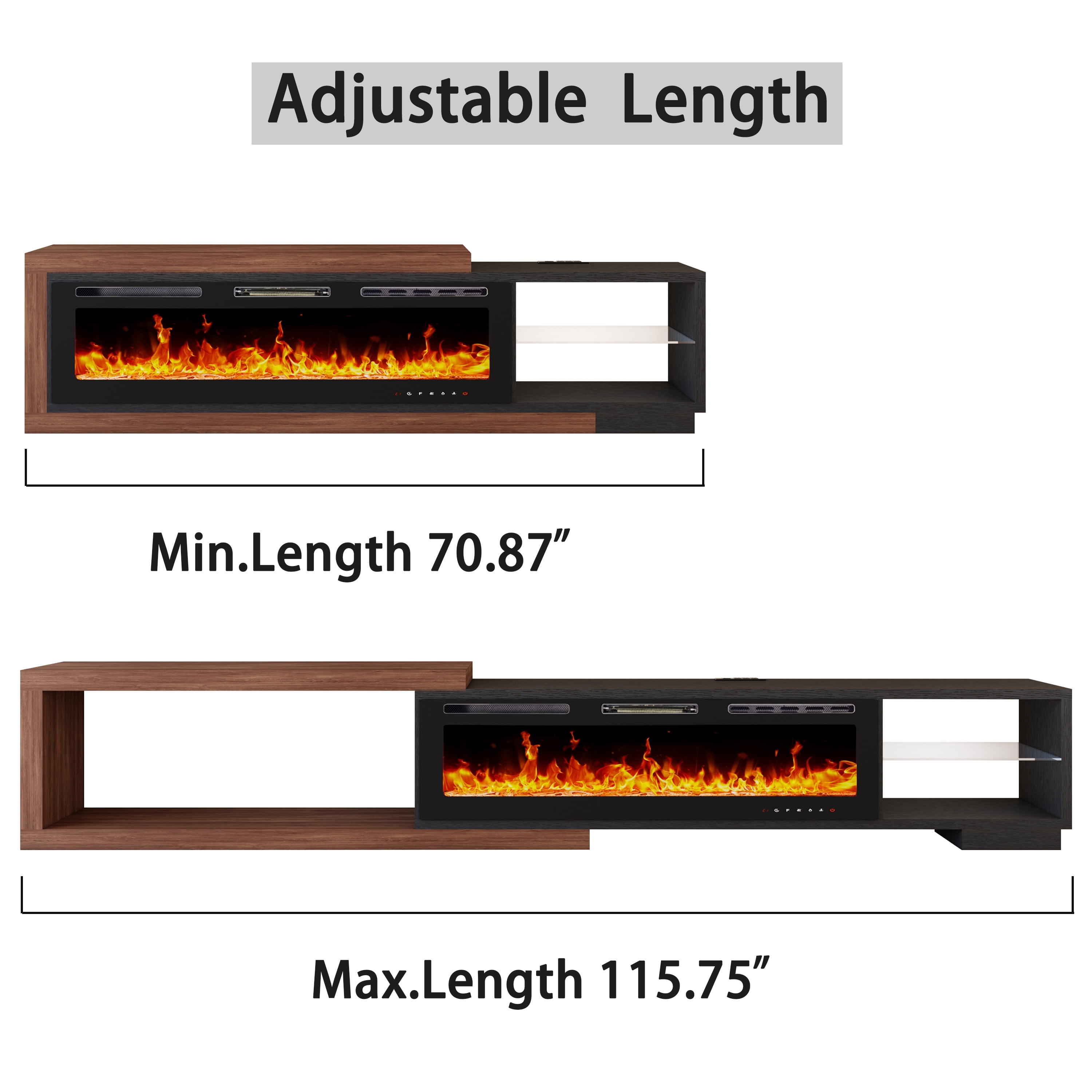 JassmiPkwy 116" Living Room Telescopic TV Stand with 50-inch LED Flame Electric Fireplace, Shelving Storage Cabinet, and Entertainment Center with LED Lighting and Charging Station, Black