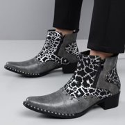 Men's Western Vintage Style Ankle Boots, Pointed Toe Cowboy Boots with Leopard Print, Floral Print Side-Zip Boots, Block Heel Dress Boots for Men