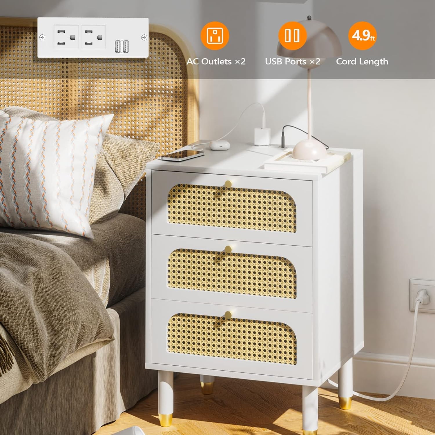 UBesGoo Rattan Nightstand with Charging Station, 27" Tall White Nightstand with 3 Drawers for Bedroom, Boho Mid Century Modern End Table/Side Table/Bedside Table (White, 1 Pack)