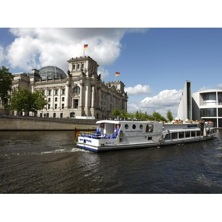 Tour Boat on River Cruise on the Spree River Passing the Reichstag, Berlin, Germany Print Wall Art By Dallas & John