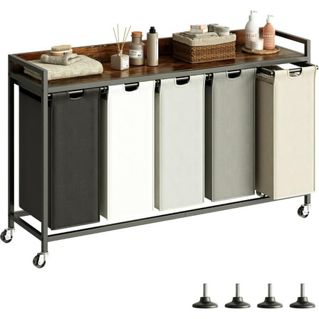 Laundry Hamper with Shelf, Laundry Basket 5 Section, Laundry Sorter with Pull-Out Removable Large 5 Color Bags and Movable Wheels, Metal Frame, 5 x 15.87 Gallons (60L), Rustic Brown