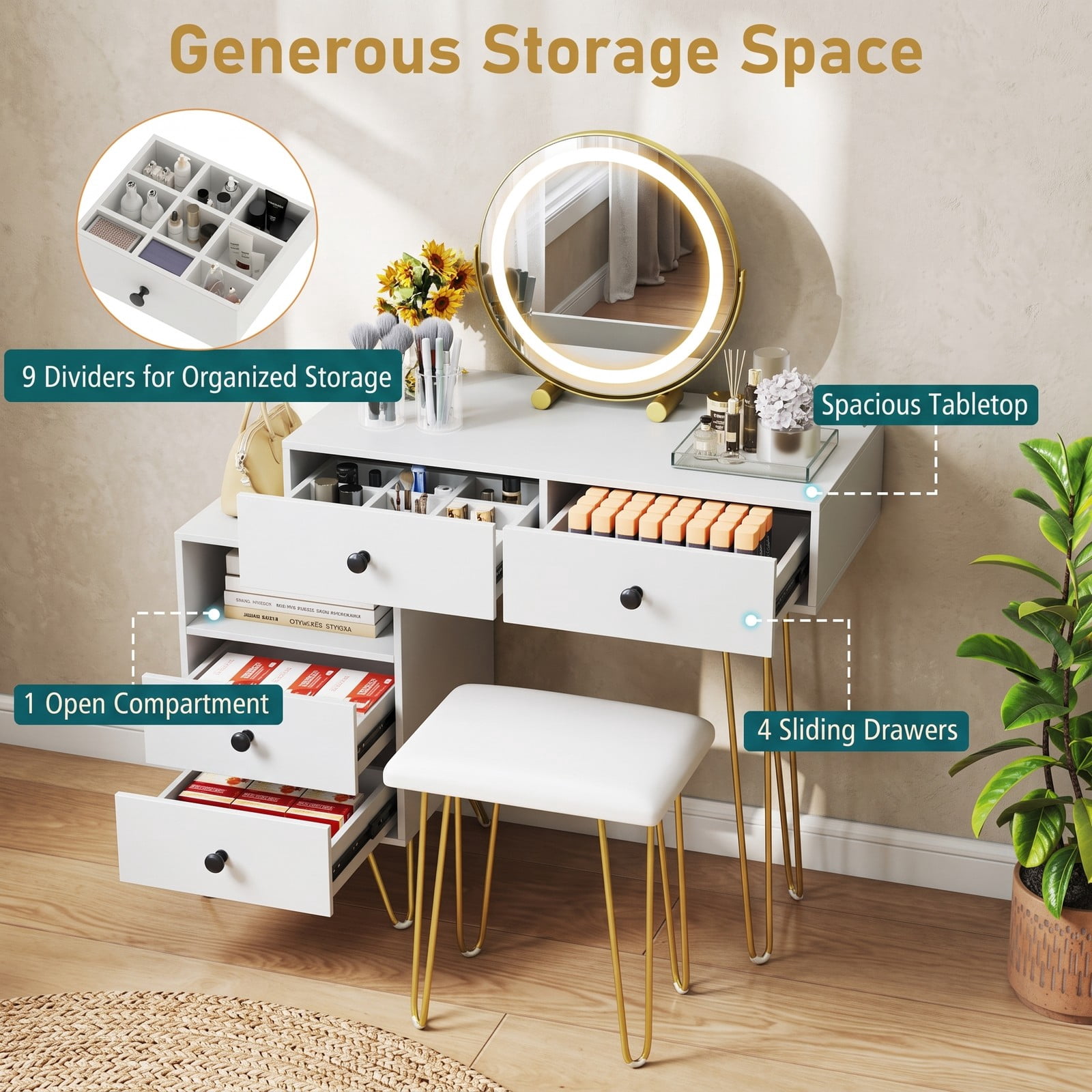 Furnibear Modern Dressing Table with 360 Degree Rotatable LED Mirror and Storage Cabinet and Cushioned Stool for Bedroom, White