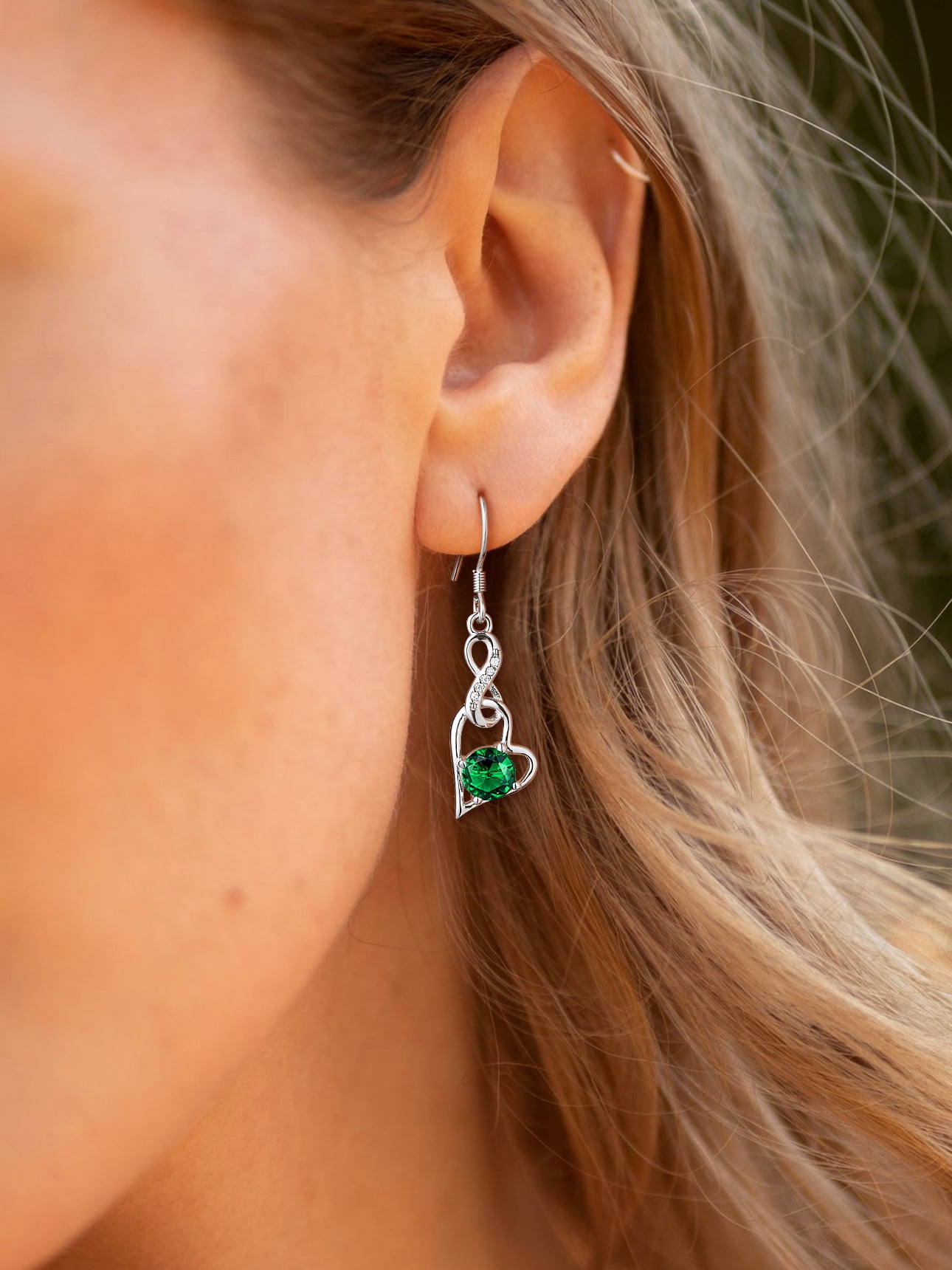Suplight 925 Sterling Silver Birthstone Earrings for Women May Green Emerald Zircon Infinity Heart Interlocking Dangle Drop Earrings Jewelry Gifts for Mom Mothers Day