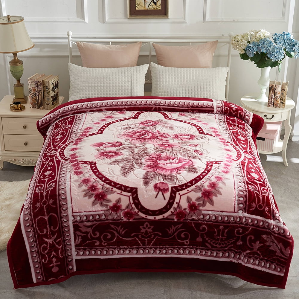 Soft Warm Plush Reversible Bed Blanket Burgundy Flower Printed Blanket