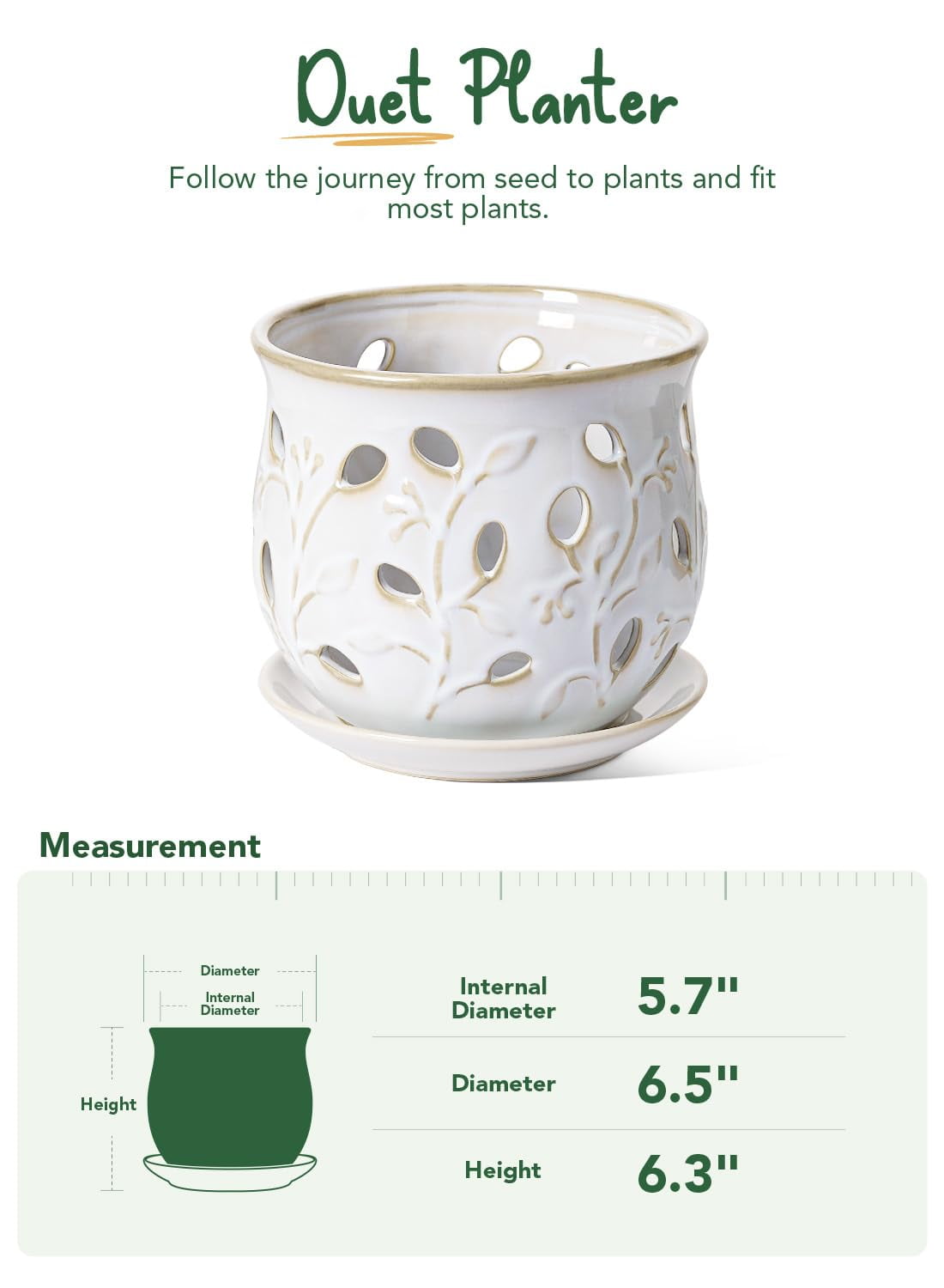 LE TAUCI Ceramic Orchid Pot,6.5" Ceramic Plant Pot with Holes and Saucer,Indoor Flower Pot for Orchid Repotting & Growing,Arctic White (Plant not included)