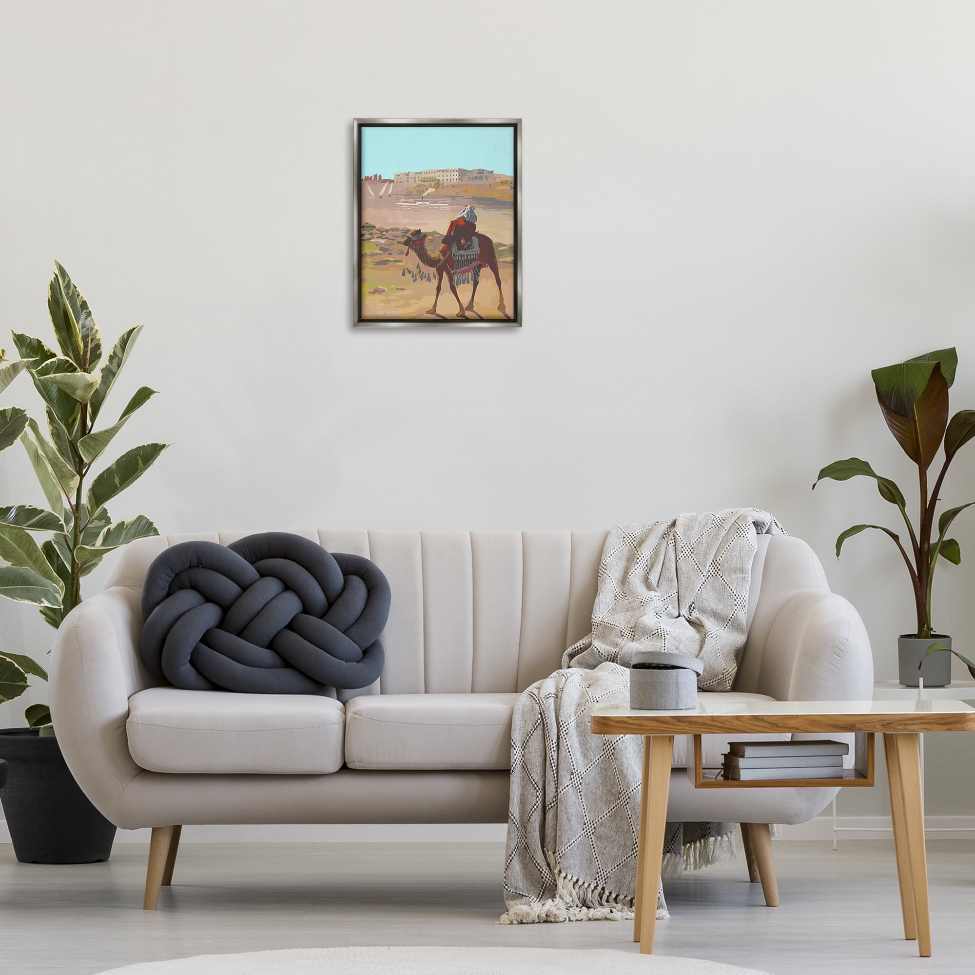 Stupell Industries Camel in Desert Town Landscape Painting Gray Floater Framed Art Print Wall Art, 17 x 21