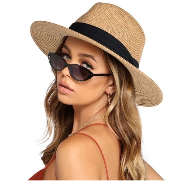 Straw Hats for Women, Beach Hats for Women Packable, Khaki Wide Brim Roll Up Hat for Beach And Camping, Soft Foldable Summer Breathable Sun Hat UPF50 