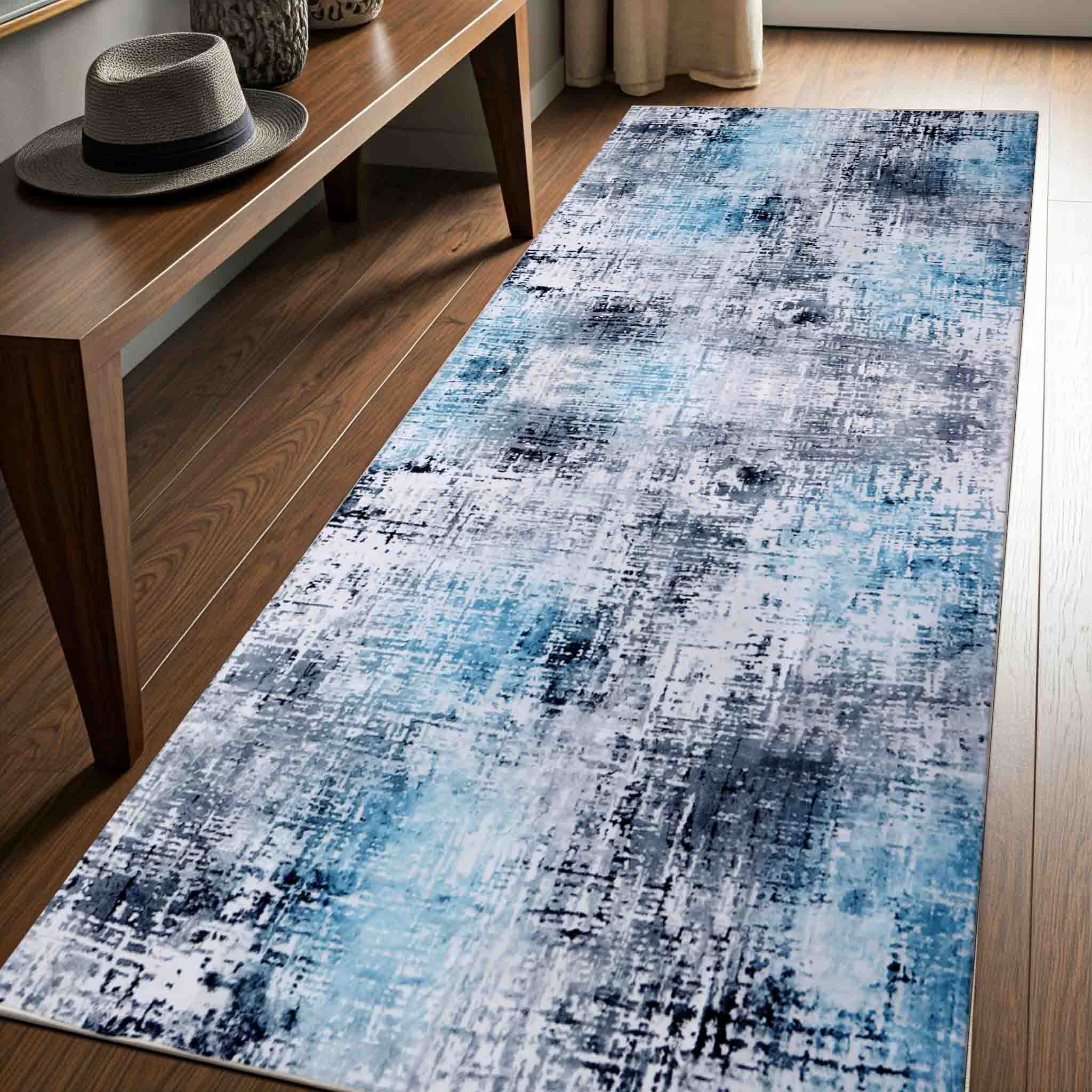 Delara 2.5'x10' Machine Washable Area Rug, Soft & Durable, Non-Slip, Stain Resistant, Frosted Azure, for Bedroom, Living & Dining Room