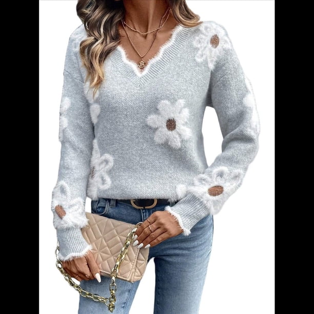 Suéteres de Cuello en V de Gran Tamaño para Mujer, Suéteres Casuales Sueltos de Larga de Punto Grueso, Suéteres, Tops Gris S
