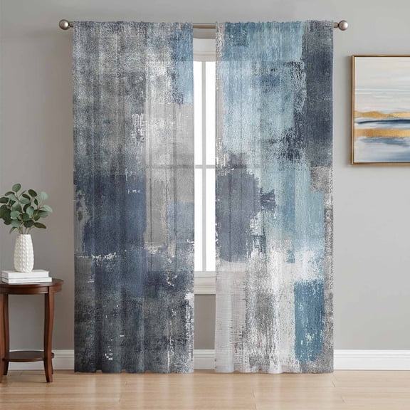Sheer Curtains 84 Inches Long 2 Panels Set for Living Room, Navy Blue Grey Semi Sheer Curtains for Windows, Modern Oil Painted Abstract Art Aesthetics Voile Window Treatments Rod Pocket Curtain