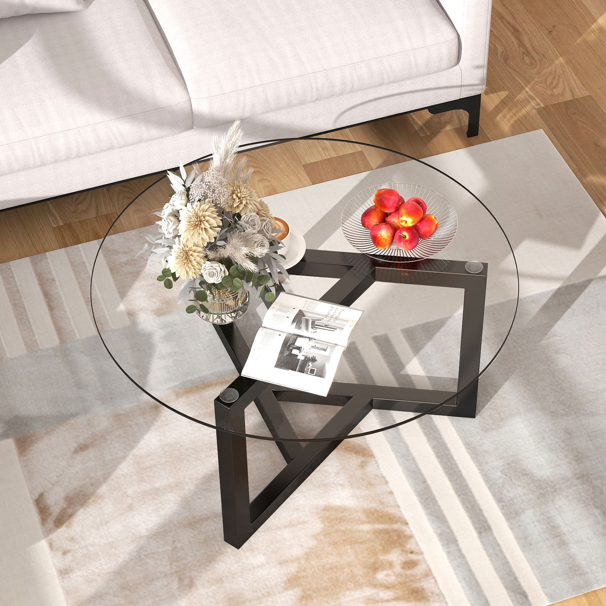 MAYEERTY Round Glass Coffee Table with Tempered Glass Top & Sturdy Wood Base, Easy Assembly Modern Cocktail Table, Black