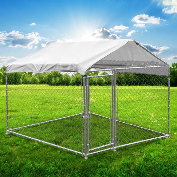 Outdoor Dog Kennel with Roof, 78.7" x 78.7", Galvanized Steel Exercise Pen for Small to Medium Dogs, 43 sq ft