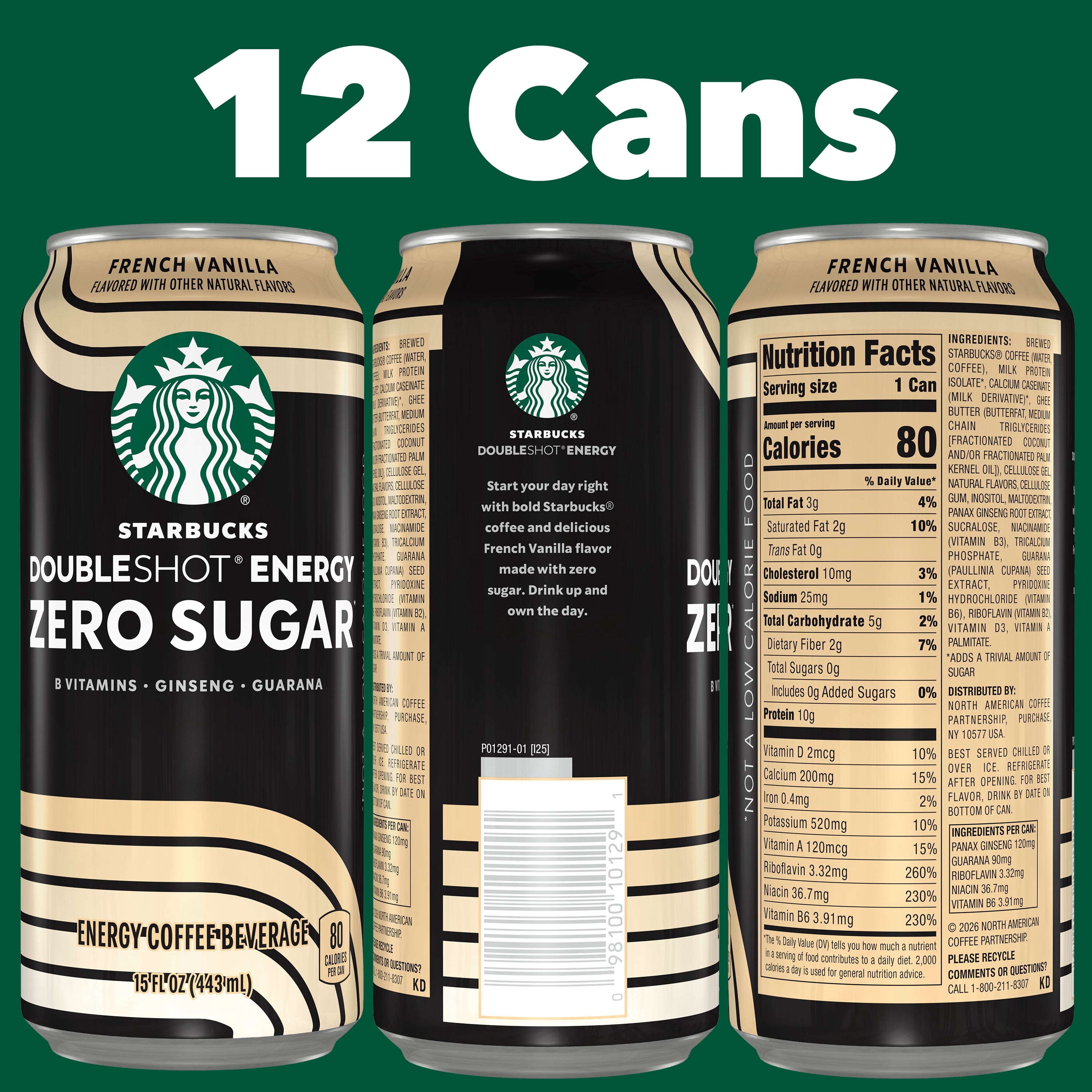 Starbucks Zero Sugar French Vanilla Doubleshot Coffee Energy Drink, 15 fl oz Cans, 12 pack​