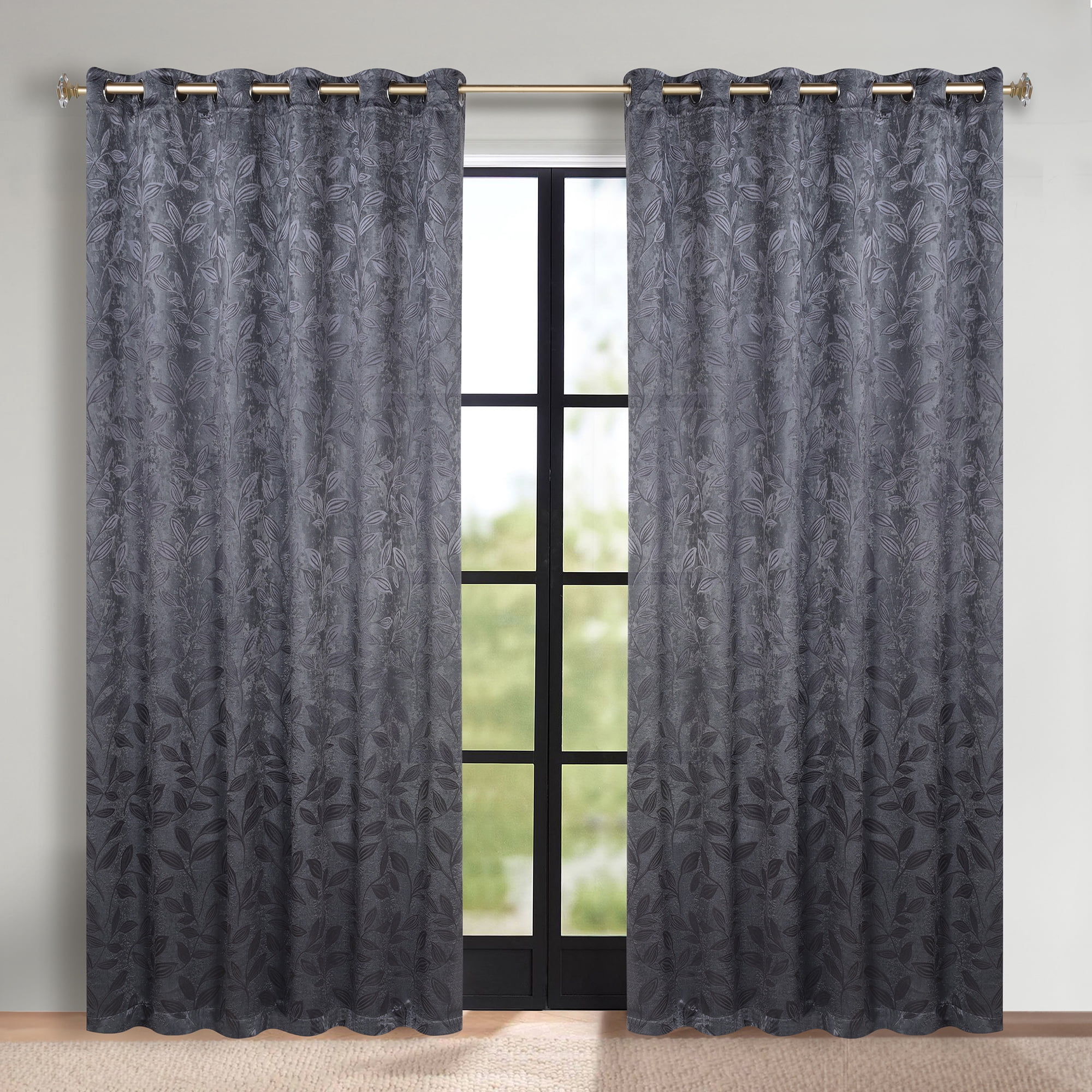 Superior Blackout Leaves Curtains Set of 2, Light Filtering Grommet Curtain Panel Set, Charcoal, 70"W x 96"L